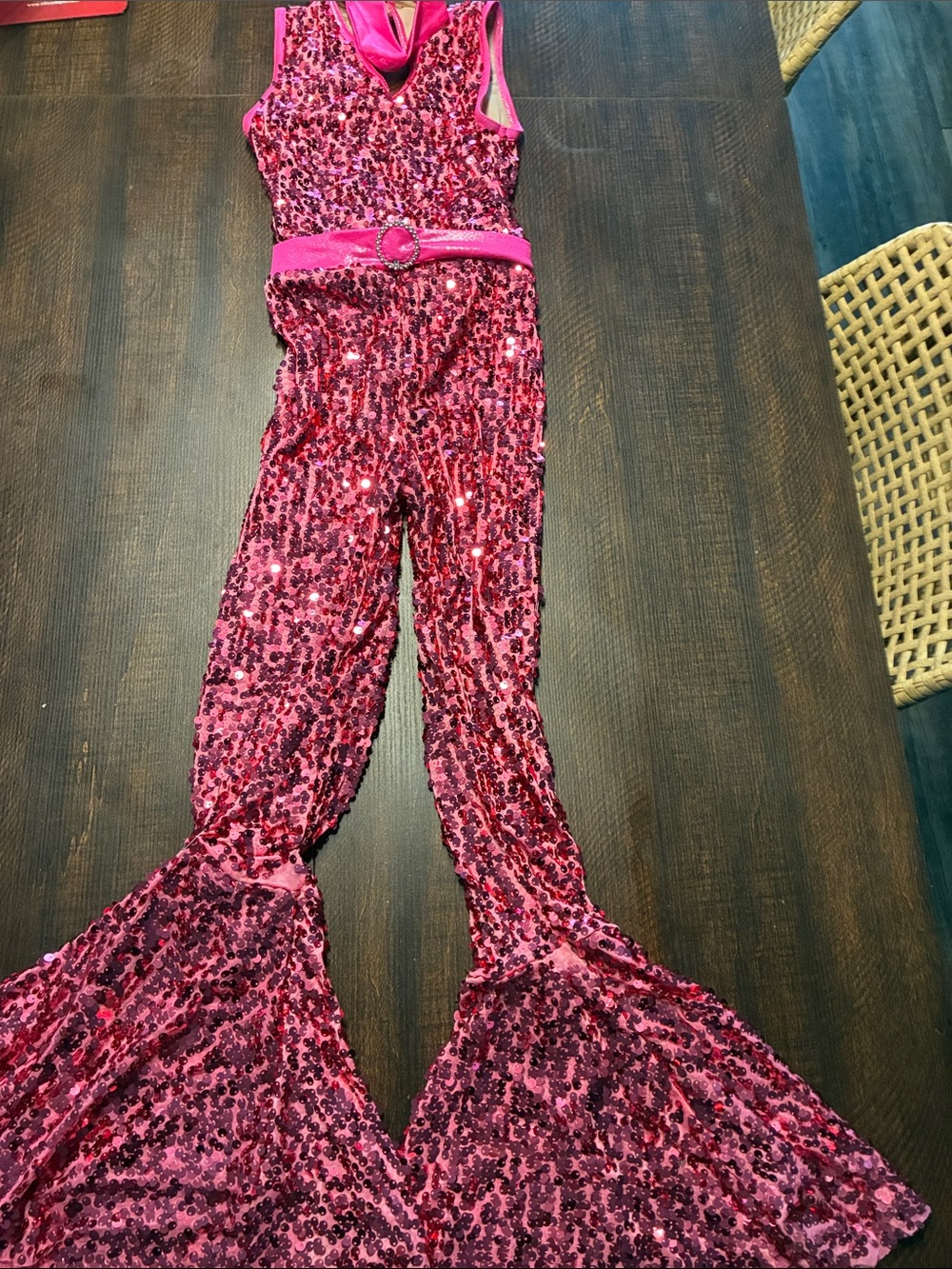 Weissman Skate Girls Pink Sequin Flared Bottom Jumpsuit LC (12-14)